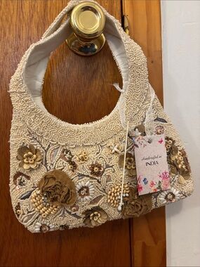 NWT Handcrafted in India Beaded Bag Featuring Embroidered and Fabric Flowers